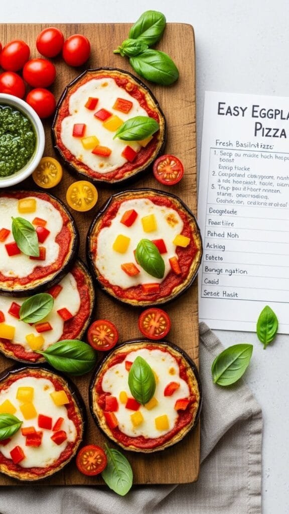 Close-up of eggplant pizza showing melted cheese and roasted vegetable toppings