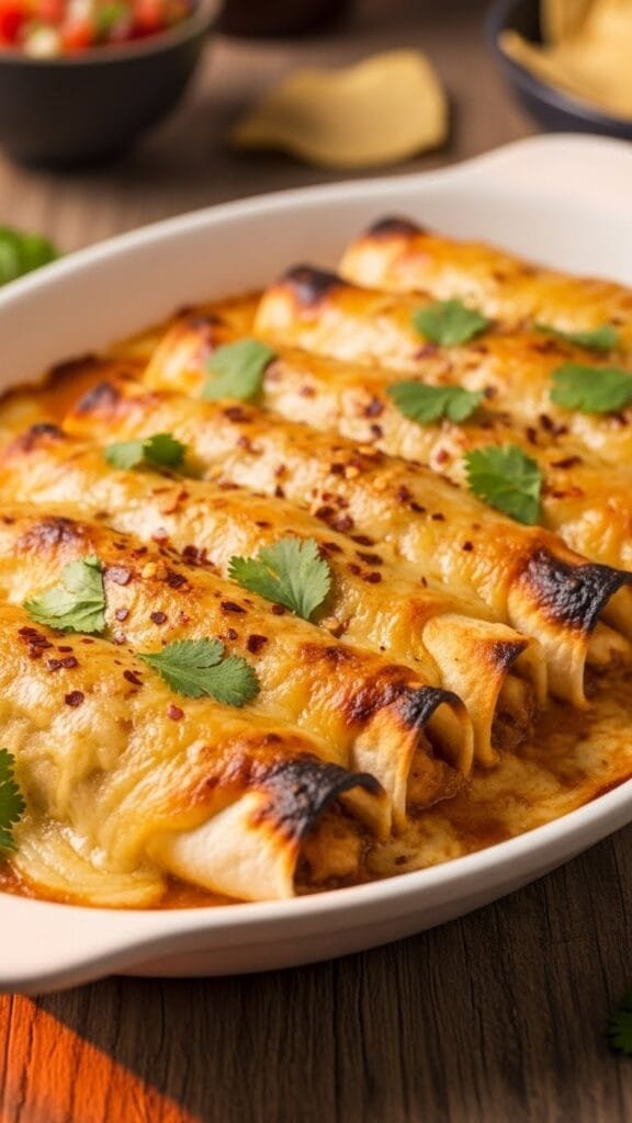 Rolled chipotle chicken enchiladas covered in creamy sauce and baked until bubbly and golden