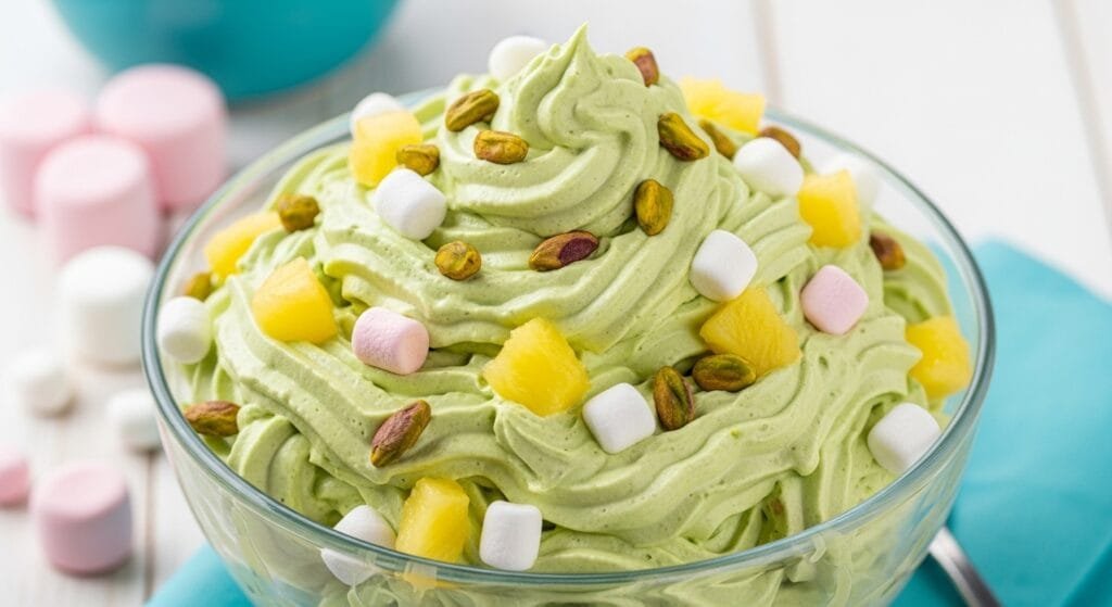 Fluffy pistachio dream whip salad with pineapple and marshmallows in a glass bowl