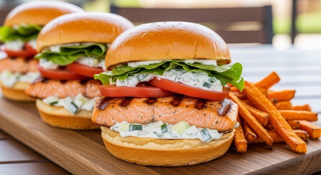 Fresh salmon burgers served on buns with lettuce and creamy tzatziki dressing