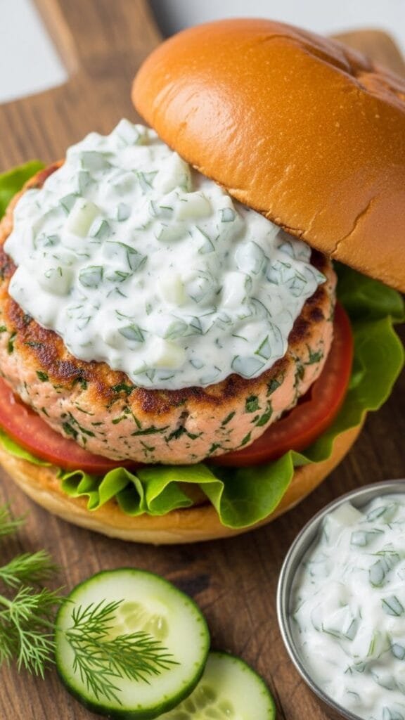fresh salmon burgers with tzatziki dressing served on buns with lettuce