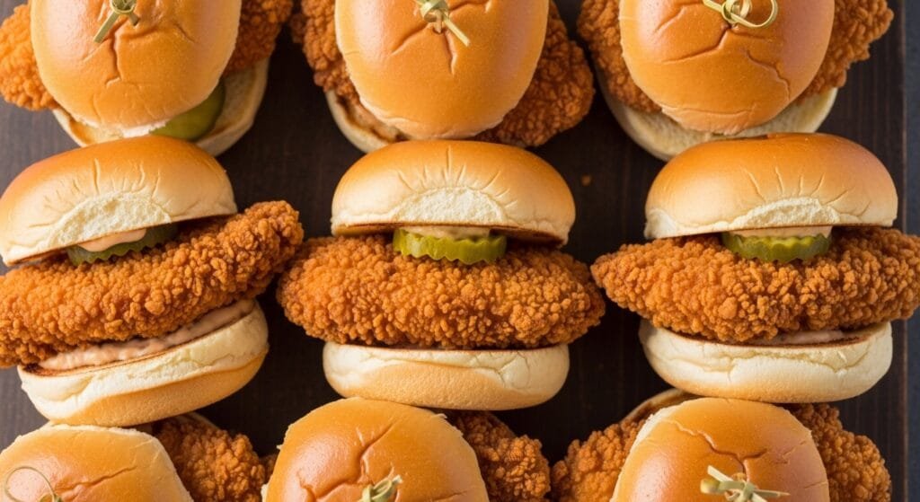 mini fried chicken sandwiches with crunchy coating and slider buns
