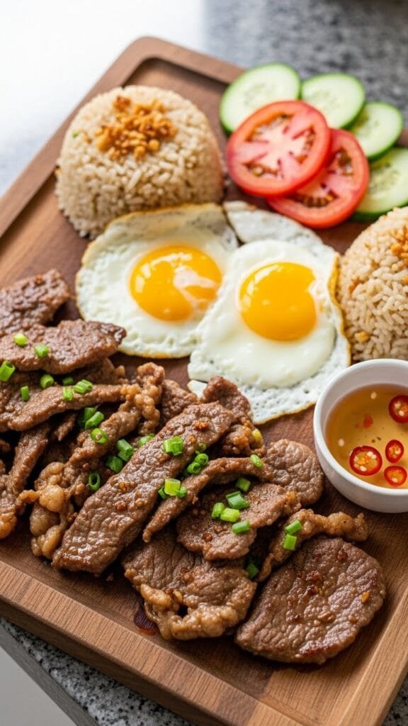 close up of tender beef tapa with caramelized garlic