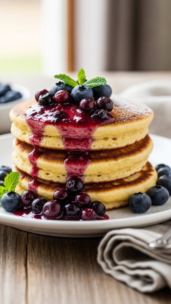 Gluten-free chickpea flour pancakes with blueberry compote close up