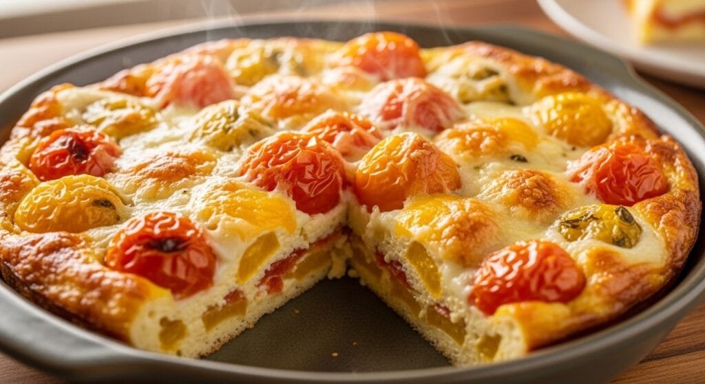 Golden sunrise tomato and cheese egg bake fresh from oven with melted cheese and roasted tomatoes