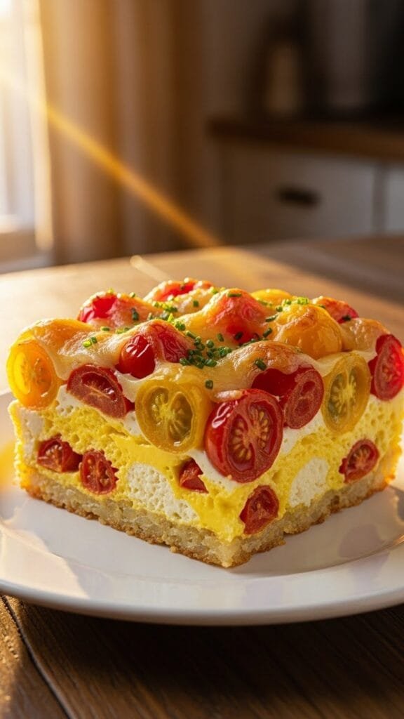 close up of tomato and cheese egg bake showing soft custardy texture