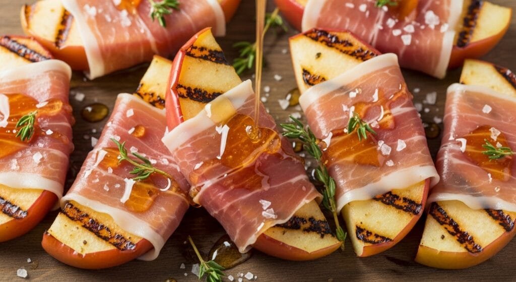 prosciutto wrapped grilled apple slices with honey drizzle