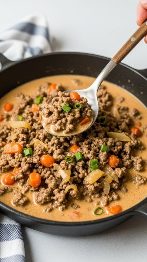 close up of creamy ground beef stroganoff with tender noodles