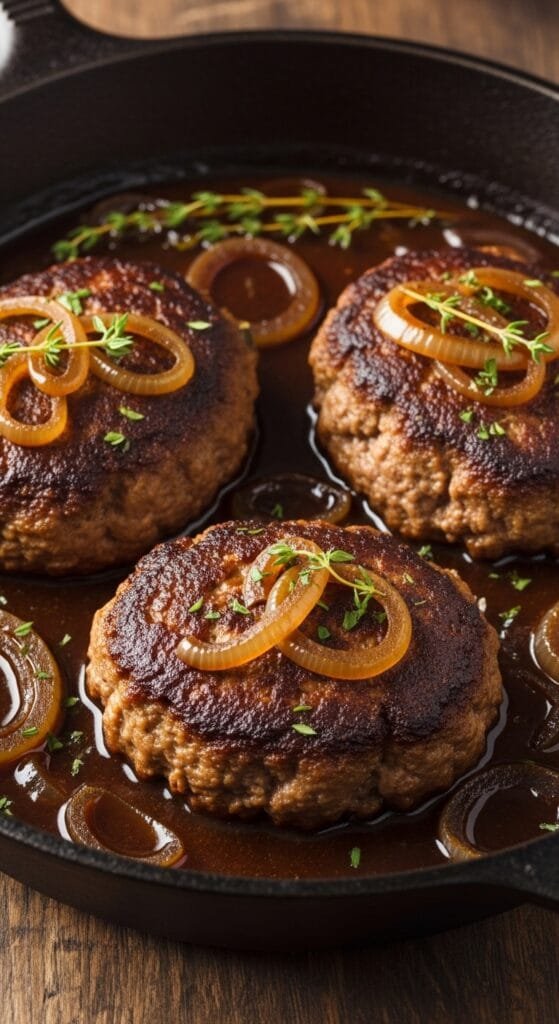 Hamburger steak patties simmered in rich onion gravy in a skillet