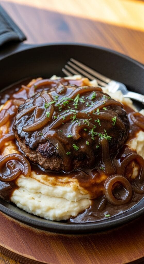 Juicy hamburger steak with onion gravy served over mashed potatoes in a skillet