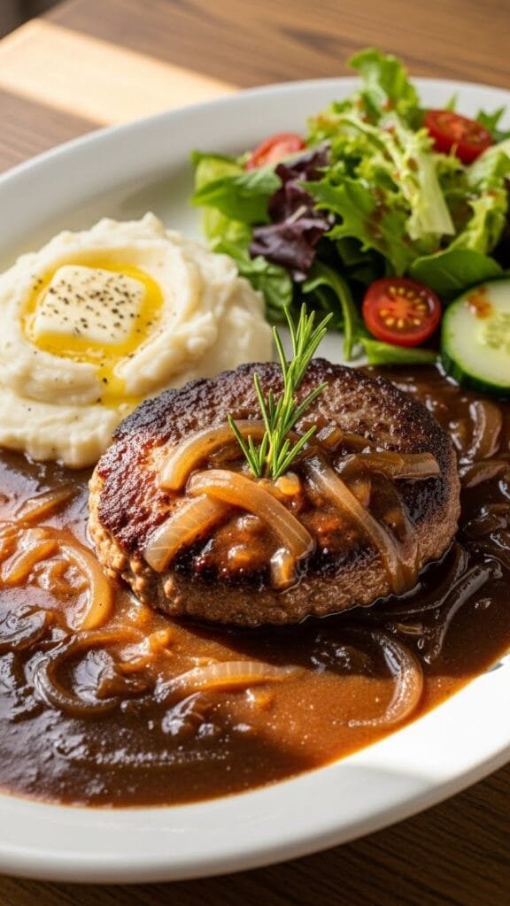 Juicy hamburger steak with onion gravy served over mashed potatoes in a skillet