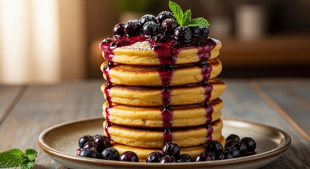 stack of chickpea pancakes with blueberry topping