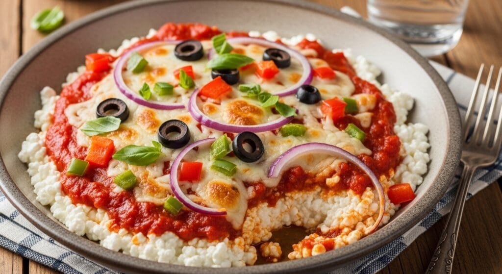 High-protein cottage cheese pizza bowl with marinara, melted mozzarella, and vegetables in a bowl