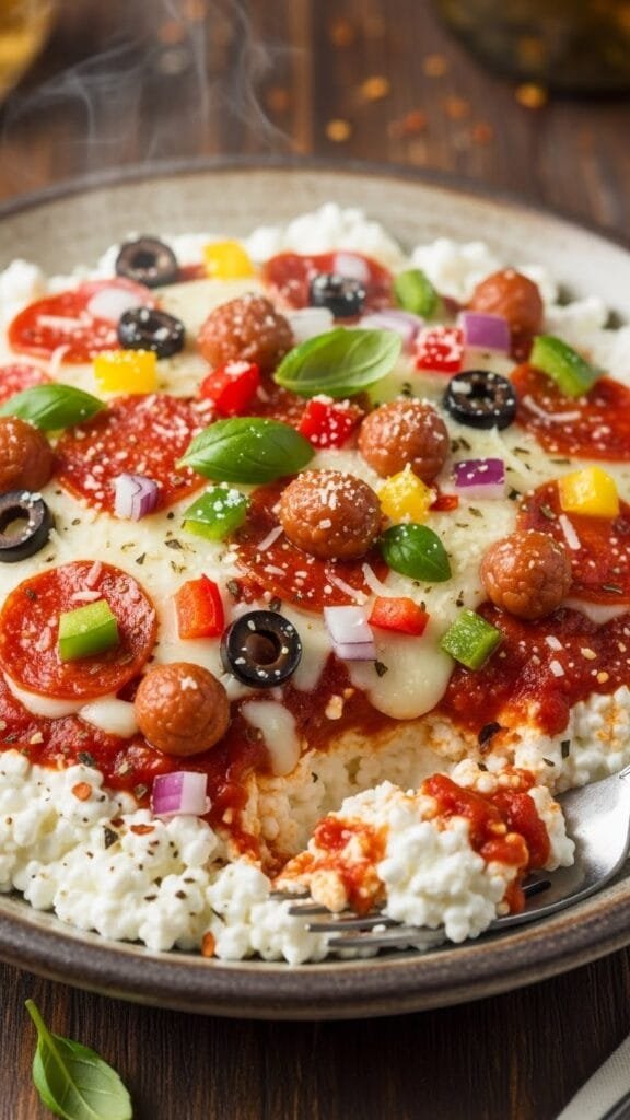 High-protein cottage cheese pizza bowl with marinara sauce, melted mozzarella, and fresh vegetable toppings in a white bowl
