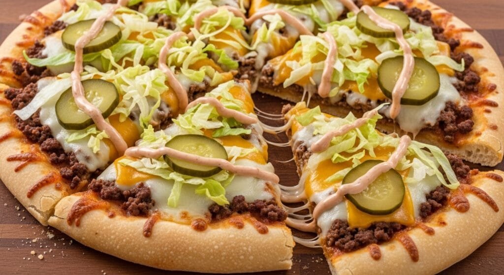 Homemade Big Mac pizza with beef cheese lettuce pickles and sauce on crispy crust