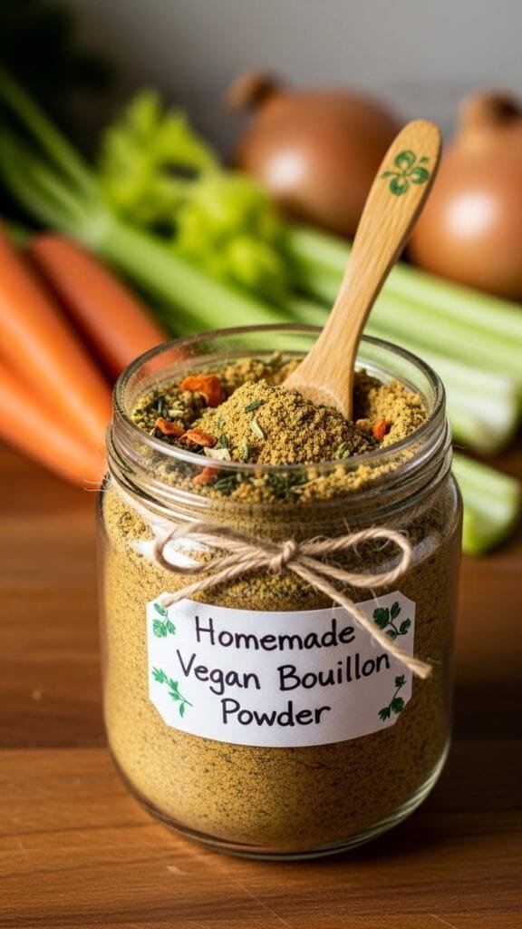 Close-up of finely blended vegan bouillon powder showing smooth texture and golden color