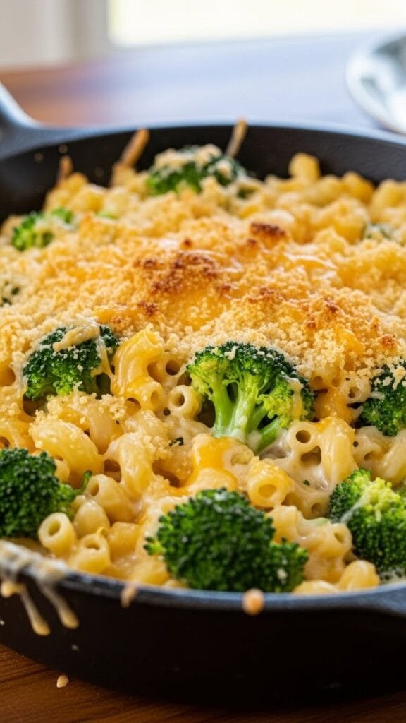 Broccoli mac and cheese in a serving dish with melted cheese sauce and green broccoli florets
