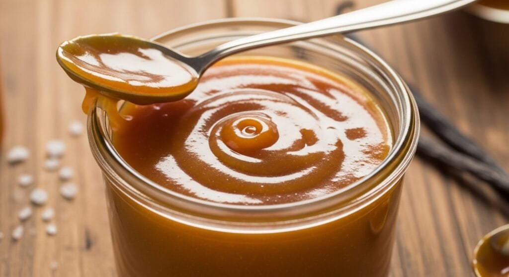 smooth homemade caramel sauce in jar with golden texture