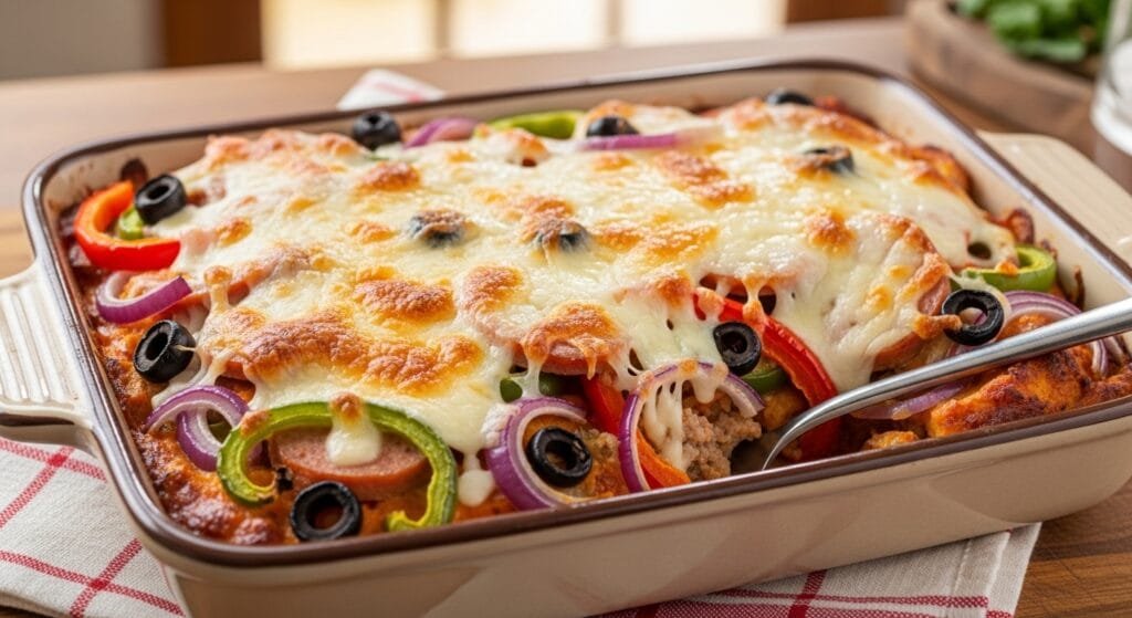 Homemade crustless pizza bake with melted mozzarella, sausage, and vegetables baked in a casserole dish