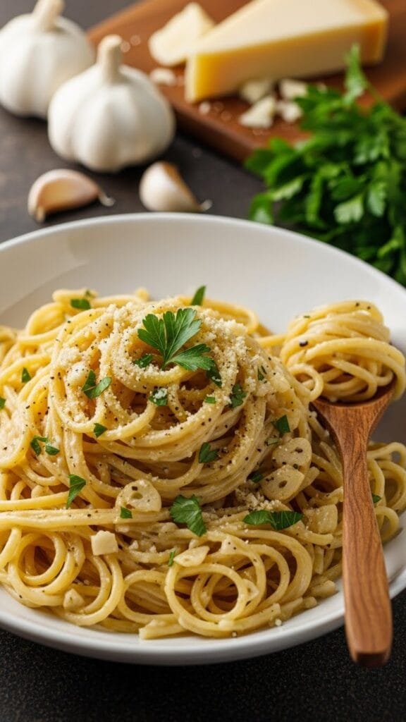 Creamy garlic parmesan pasta tossed in a rich sauce and served warm in a bowl