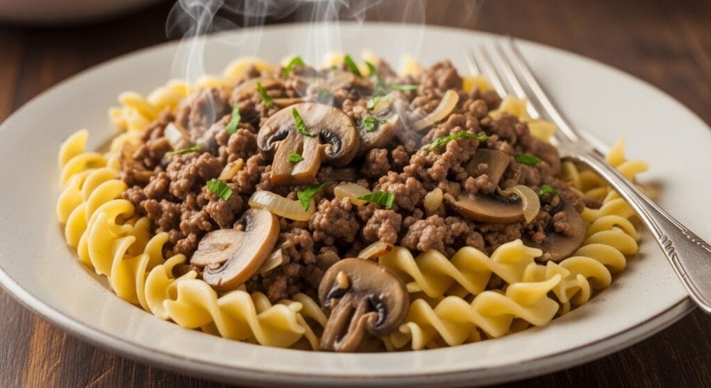homemade ground beef stroganoff with creamy sauce served over egg noodles