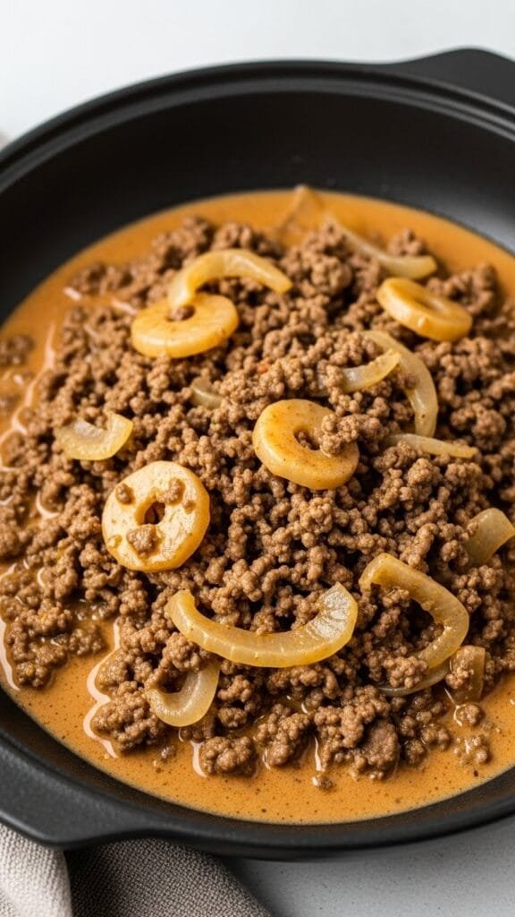 homemade ground beef stroganoff served over egg noodles in a bowl