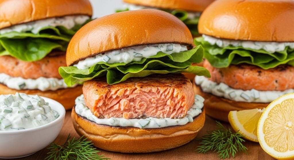 Homemade salmon burger patty with herbs served with tzatziki sauce on a plate