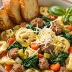 homemade sausage tortellini soup with Italian sausage cheese tortellini and spinach