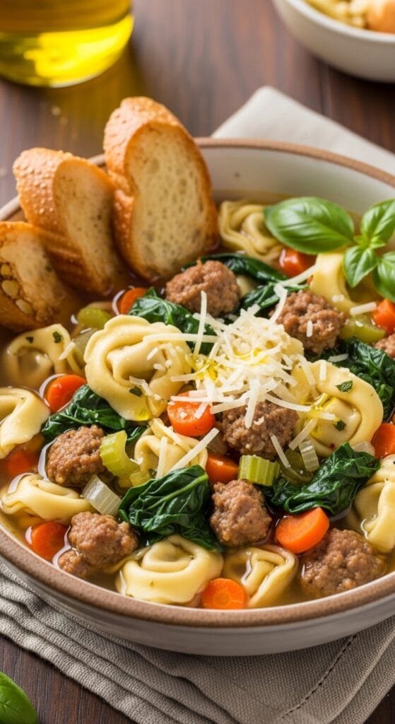 homemade sausage tortellini soup with Italian sausage cheese tortellini and spinach