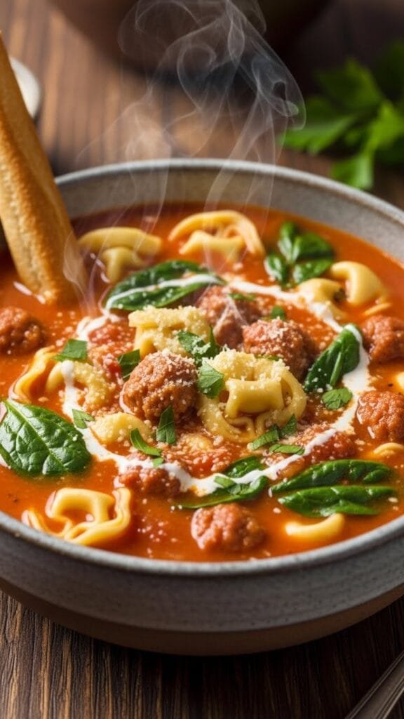 Homemade sausage tortellini soup with Italian sausage, cheese tortellini, spinach, and tomato broth in a bowl