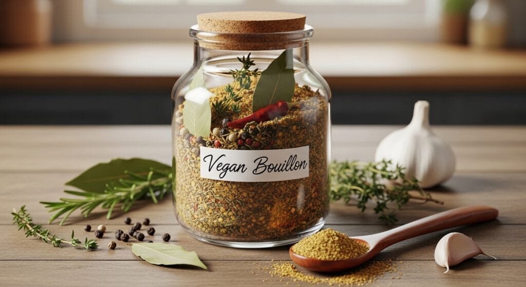 Homemade vegan bouillon powder stored in a glass jar with herbs and spices