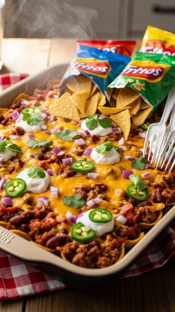 Homemade walking taco casserole baked with seasoned ground beef, melted cheese, and crunchy corn chips