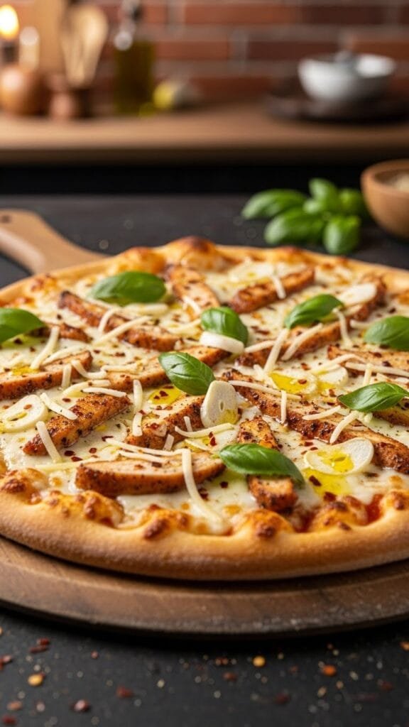 close up of creamy white garlic chicken pizza slice