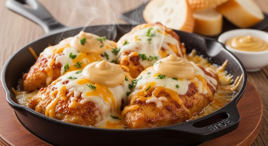 creamy honey mustard chicken with melted cheese in skillet