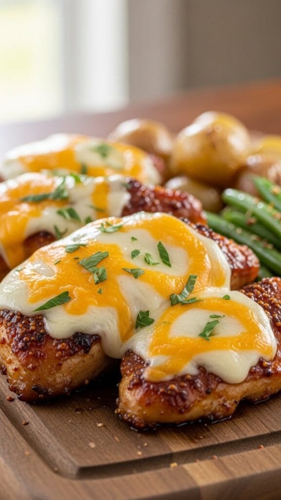 Honey mustard chicken with cheese cooked in a skillet with creamy sauce