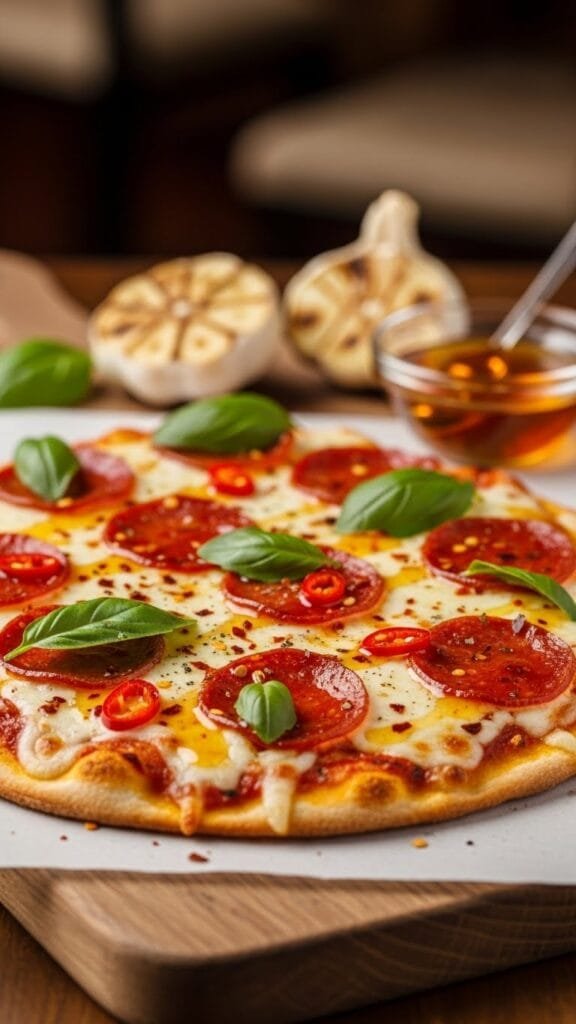 Spicy honey garlic flatbread pizza sliced and served on a baking tray