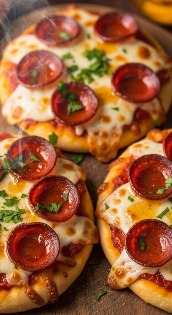 Hot honey garlic flatbread pizzas with melted mozzarella and pepperoni fresh from the oven