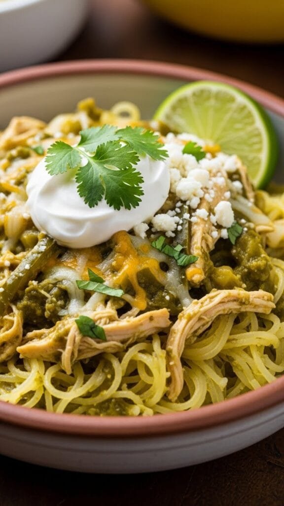 Low carb spaghetti squash boats filled with creamy green enchilada chicken and cheese