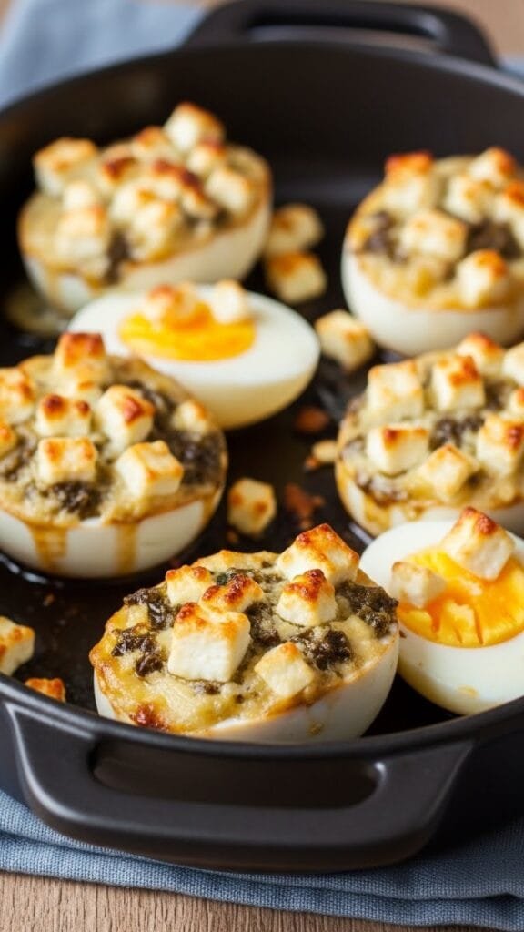 Close up of baked feta eggs with runny yolks tomatoes and creamy feta