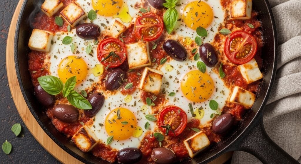 Mediterranean baked feta eggs with tomatoes olives and herbs in skillet