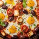 Mediterranean baked feta eggs with tomatoes olives and herbs in skillet