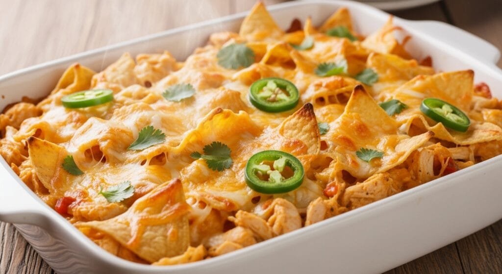 Nacho cheese chicken casserole baked with tortilla chips and melted cheese in a casserole dish