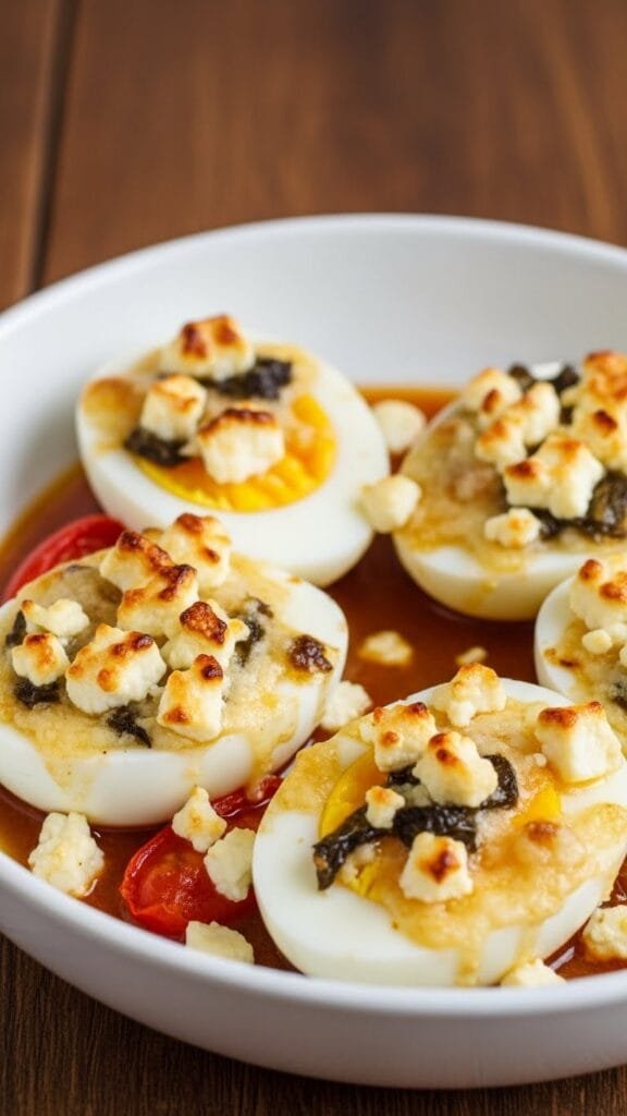 Mediterranean baked feta eggs in a skillet with tomatoes olives and soft baked eggs