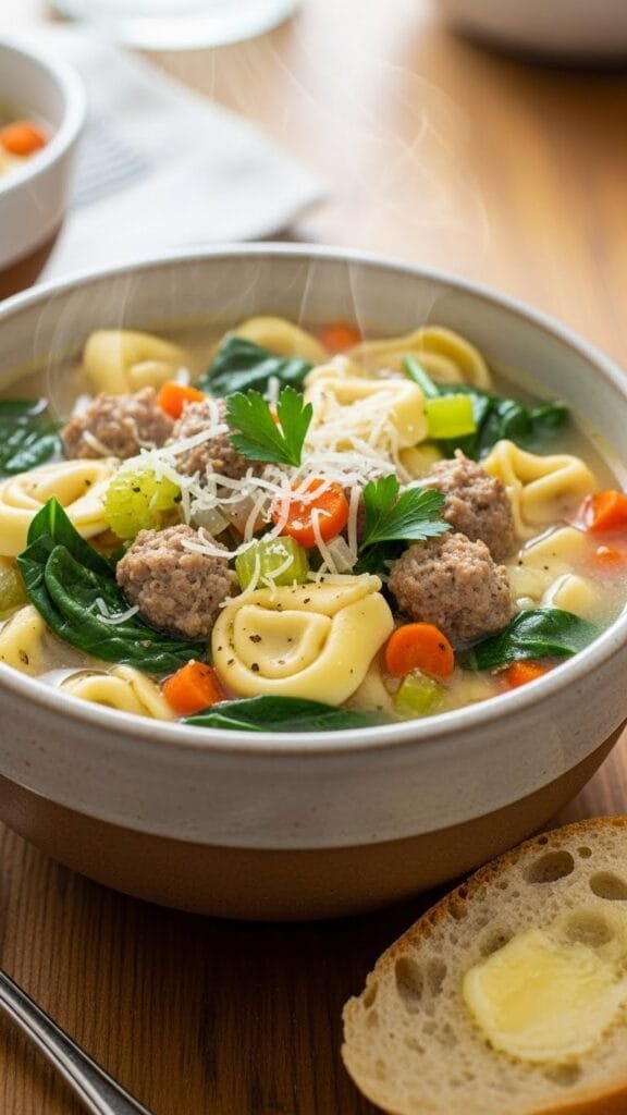 One-pot sausage tortellini soup simmering with carrots, celery, spinach, and herbs