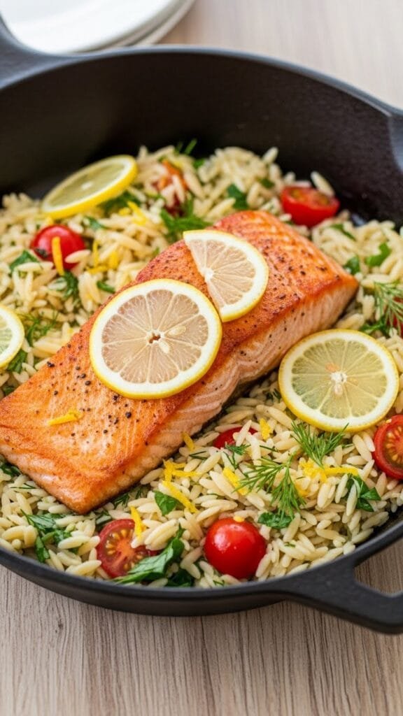 close up of flaky salmon with creamy lemon orzo and spinach