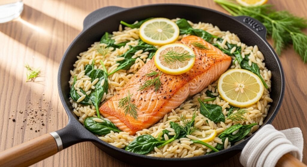 One skillet salmon with lemon orzo and spinach cooked together in a pan
