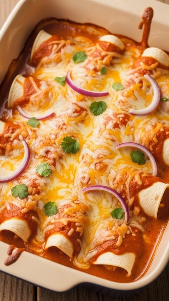 Oven-baked creamy chipotle chicken enchiladas smothered in extra sauce and melted cheese