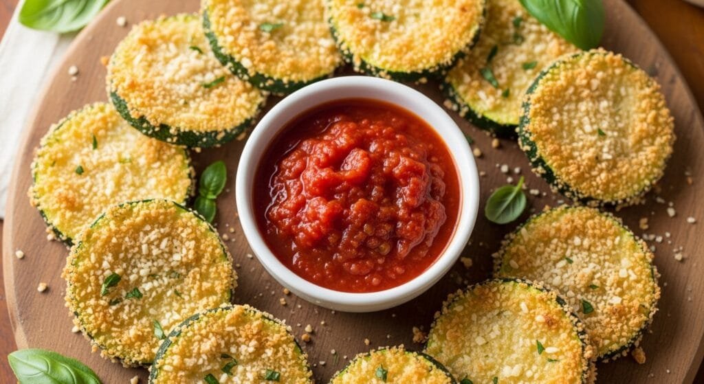 Golden oven-baked Parmesan zucchini rounds served with marinara dipping sauce