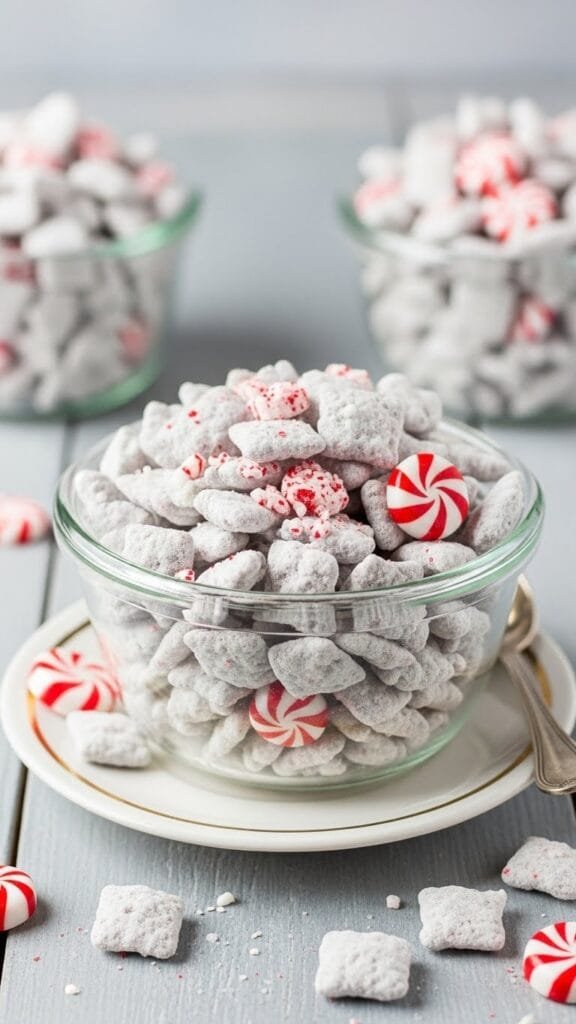 No-bake peppermint puppy chow snack mix with white chocolate and pretzels