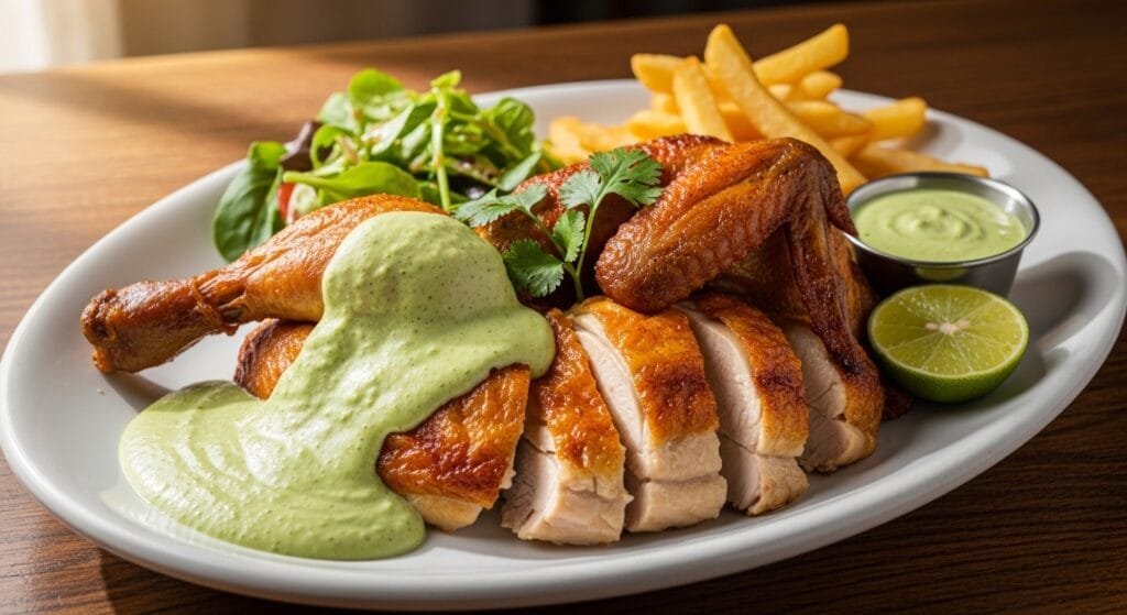 Peruvian roasted chicken with creamy green cilantro sauce served on plate